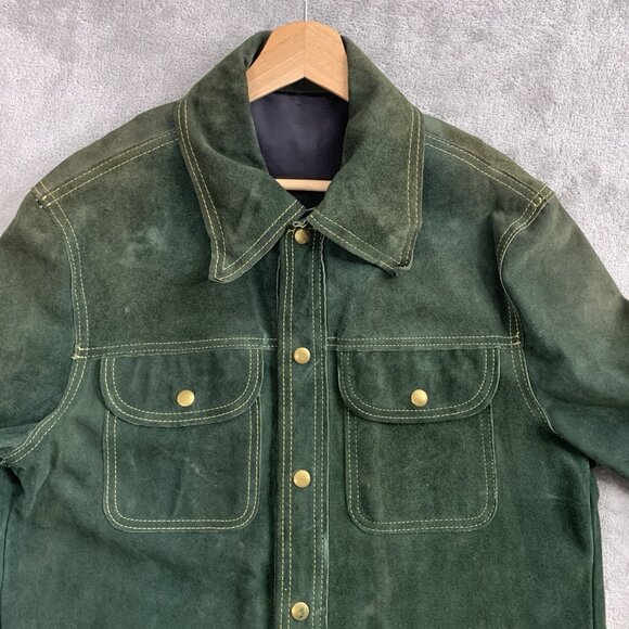Vintage BUCKBOARD Jacket Mens 42 Green Yellow Stitching Button Snap Leather 70’s - Picture 8 of 16